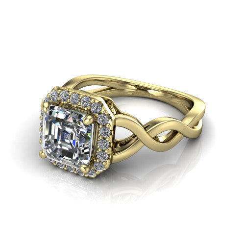 Demi square emerald-cut halo engagement ring in 18K Yellow Gold, three-quarter perspective showing the square emerald-cut center diamond, pavé halo, and infinity-twist shank