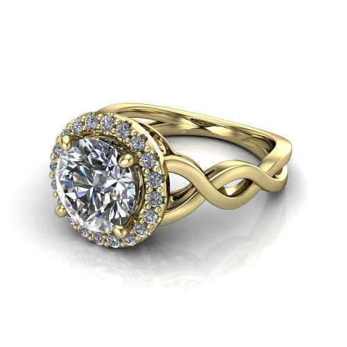 Demi round halo engagement ring in 18K Yellow Gold, three-quarter perspective showing the round center diamond, pavé halo, and infinity-twist shank