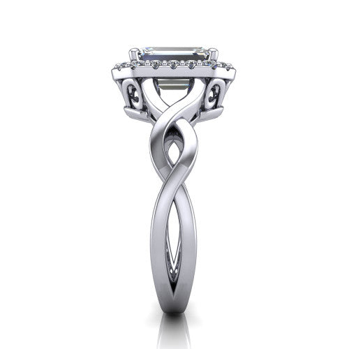 Demi emerald-cut halo engagement ring in 18K White Gold, side profile showing the infinity-twist shank and pavé halo