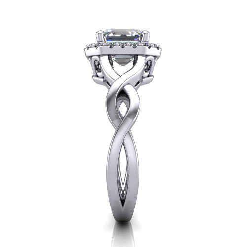 Demi square emerald-cut halo engagement ring in Platinum, side profile showing the infinity-twist shank and pavé halo