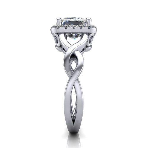 Demi princess-cut halo engagement ring in 14K White Gold, side profile showing the infinity-twist shank and pavé halo