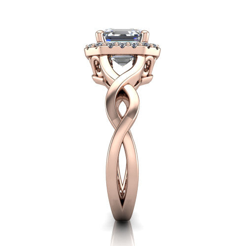 Demi square emerald-cut halo engagement ring in 14K Rose Gold, side profile showing the infinity-twist shank and pavé halo