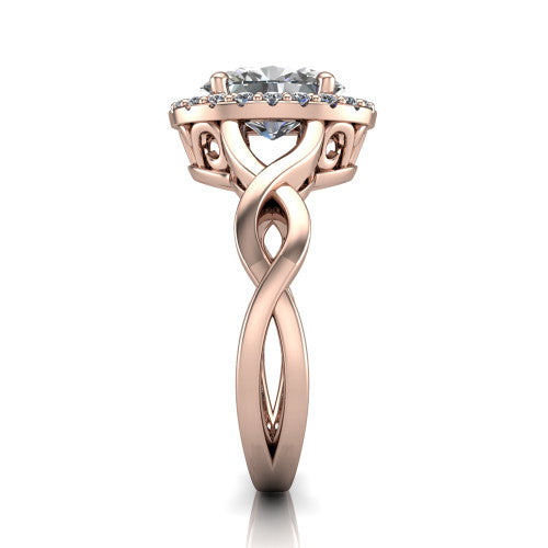 Demi oval halo engagement ring in 18K Rose Gold, side profile showing the infinity-twist shank and pavé halo