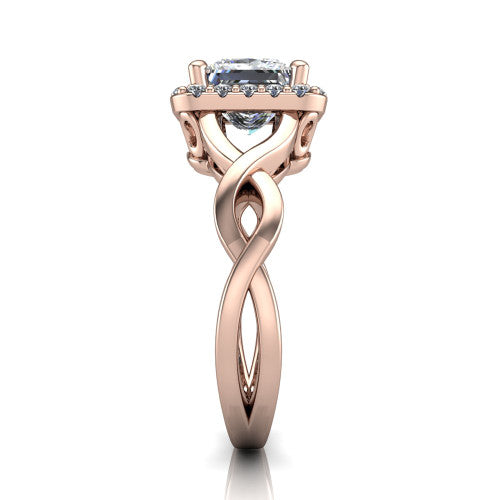 Demi princess-cut halo engagement ring in 18K Rose Gold, side profile showing the infinity-twist shank and pavé halo