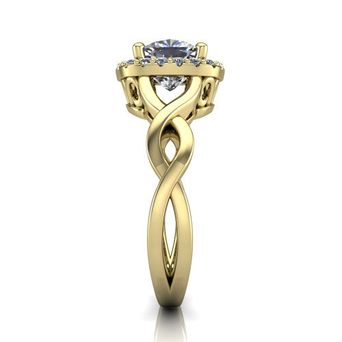 Demi cushion-cut halo engagement ring in 14K Yellow Gold, side profile showing the infinity-twist shank and pavé halo