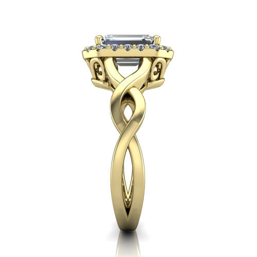 Demi emerald-cut halo engagement ring in 14K Yellow Gold, side profile showing the infinity-twist shank and pavé halo
