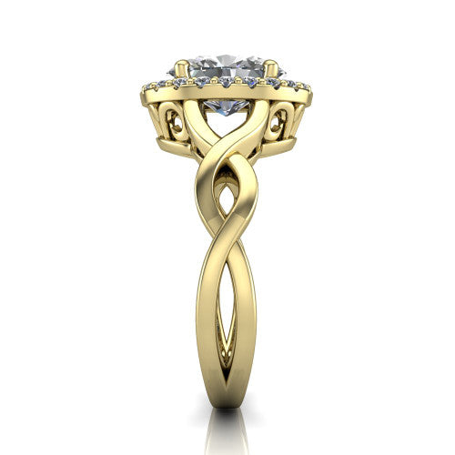 Demi oval halo engagement ring in 14K Yellow Gold, side profile showing the infinity-twist shank and pavé halo