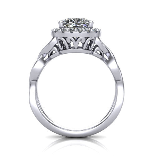 Demi cushion-cut halo engagement ring in 18K White Gold, through-finger front profile showing the filigree gallery beneath the halo
