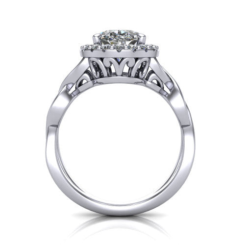Demi oval halo engagement ring in Platinum, through-finger front profile showing the filigree gallery beneath the halo