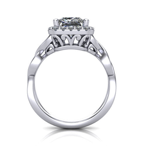 Demi princess-cut halo engagement ring in 14K White Gold, through-finger front profile showing the filigree gallery beneath the halo