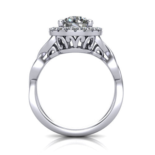 Demi round halo engagement ring in 18K White Gold, through-finger front profile showing the filigree gallery beneath the halo
