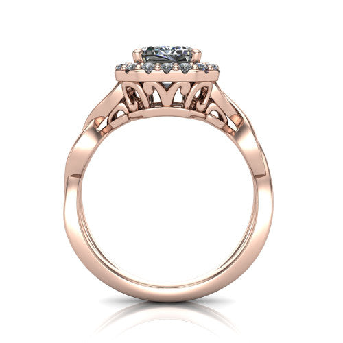 Demi emerald-cut halo engagement ring in 18K Rose Gold, through-finger front profile showing the filigree gallery beneath the halo