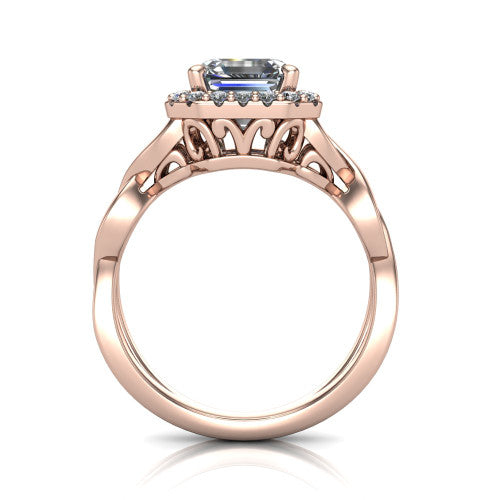 Demi square emerald-cut halo engagement ring in 14K Rose Gold, through-finger front profile showing the filigree gallery beneath the halo