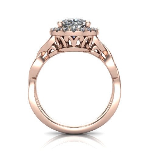Demi oval halo engagement ring in 18K Rose Gold, through-finger front profile showing the filigree gallery beneath the halo