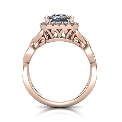 Demi princess-cut halo engagement ring in 14K Rose Gold, through-finger front profile showing the filigree gallery beneath the halo