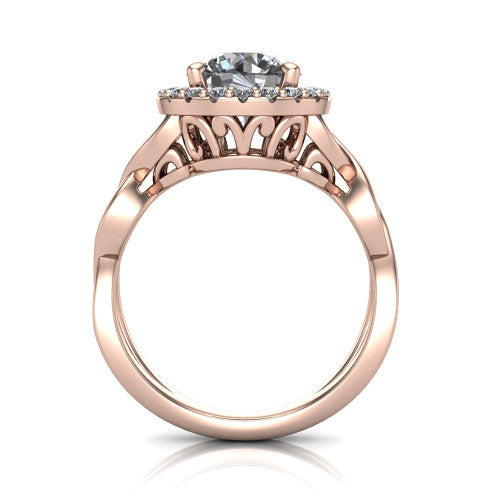 Demi round halo engagement ring in 18K Rose Gold, through-finger front profile showing the filigree gallery beneath the halo