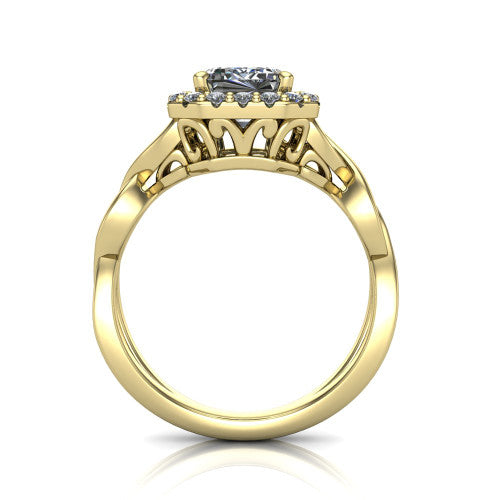 Demi emerald-cut halo engagement ring in 18K Yellow Gold, through-finger front profile showing the filigree gallery beneath the halo