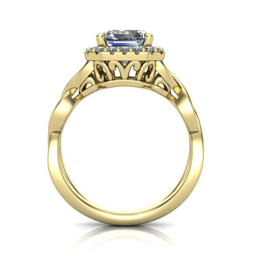 Demi square emerald-cut halo engagement ring in 14K Yellow Gold, through-finger front profile showing the filigree gallery beneath the halo