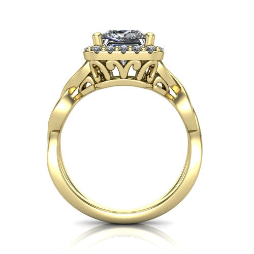 Demi princess-cut halo engagement ring in 14K Yellow Gold, through-finger front profile showing the filigree gallery beneath the halo