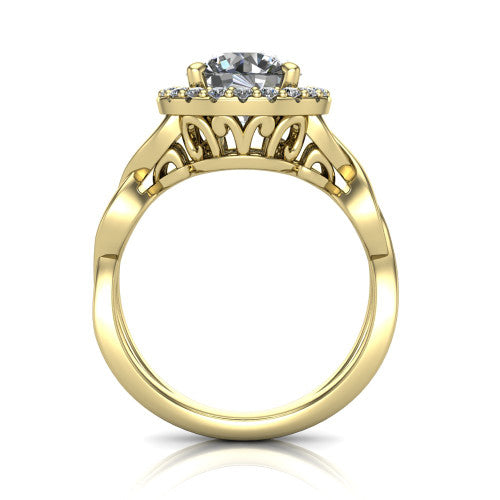 Demi round halo engagement ring in 18K Yellow Gold, through-finger front profile showing the filigree gallery beneath the halo