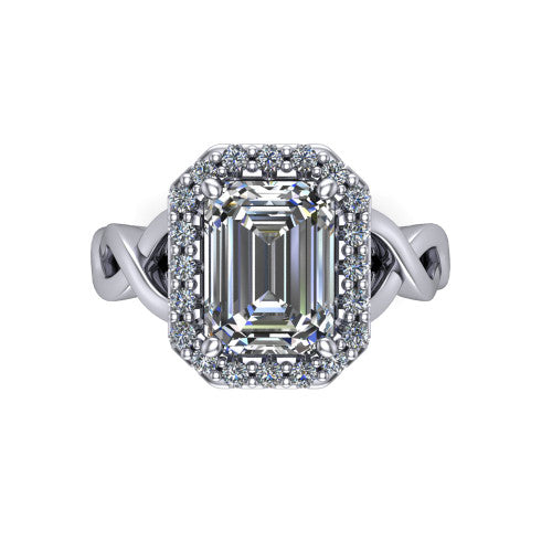 Demi emerald-cut halo engagement ring in Platinum, top-down view showing the emerald-cut center diamond framed by the pavé halo