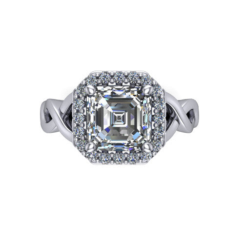 Demi square emerald-cut halo engagement ring in 18K White Gold, top-down view showing the square emerald-cut center diamond framed by the pavé halo