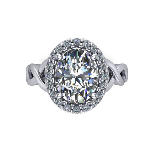 Demi oval halo engagement ring in Platinum, top-down view showing the oval center diamond framed by the pavé halo