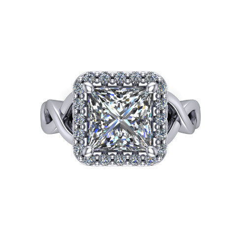 Demi princess-cut halo engagement ring in 18K White Gold, top-down view showing the princess-cut center diamond framed by the pavé halo