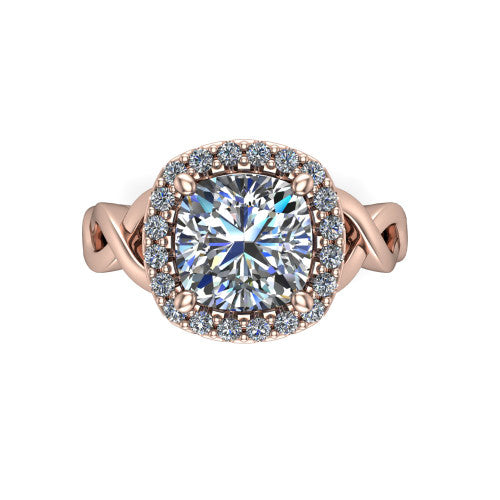 Demi cushion-cut halo engagement ring in 18K Rose Gold, top-down view showing the cushion-cut center diamond framed by the pavé halo