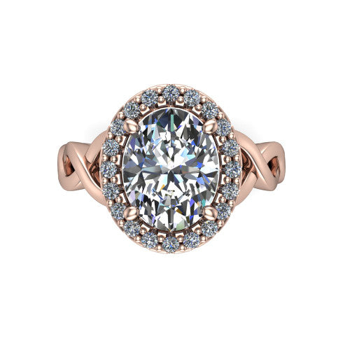 Demi oval halo engagement ring in 18K Rose Gold, top-down view showing the oval center diamond framed by the pavé halo