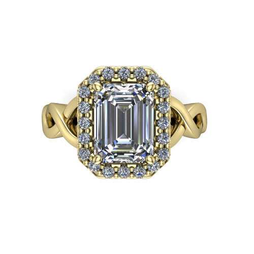 Demi emerald-cut halo engagement ring in 14K Yellow Gold, top-down view showing the emerald-cut center diamond framed by the pavé halo