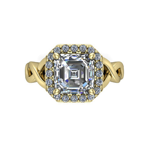 Demi square emerald-cut halo engagement ring in 18K Yellow Gold, top-down view showing the square emerald-cut center diamond framed by the pavé halo