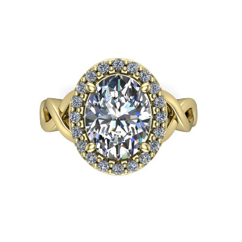 Demi oval halo engagement ring in 14K Yellow Gold, top-down view showing the oval center diamond framed by the pavé halo