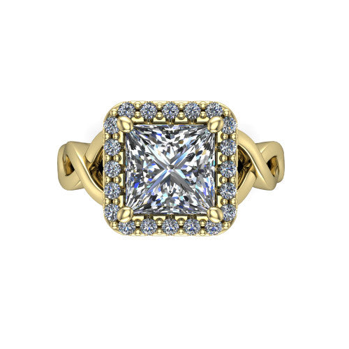 Demi princess-cut halo engagement ring in 14K Yellow Gold, top-down view showing the princess-cut center diamond framed by the pavé halo