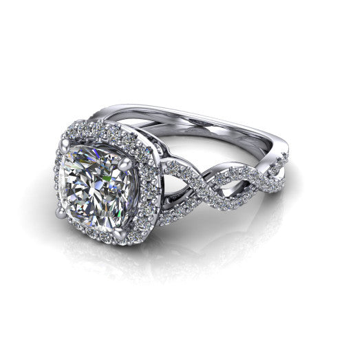 Azalea cushion-cut double halo engagement ring in Platinum, three-quarter perspective showing the cushion-cut center diamond, double halo, and infinity-twist pavé shank