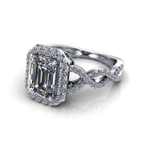 Azalea emerald-cut double halo engagement ring in 18K White Gold, three-quarter perspective showing the emerald-cut center diamond, double halo, and infinity-twist pavé shank
