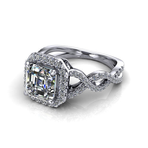 Azalea square emerald-cut double halo engagement ring in Platinum, three-quarter perspective showing the square emerald-cut center diamond, double halo, and infinity-twist pavé shank
