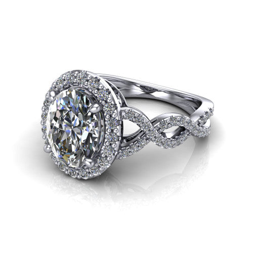Azalea oval double halo engagement ring in 14K White Gold, three-quarter perspective showing the oval center diamond, double halo, and infinity-twist pavé shank