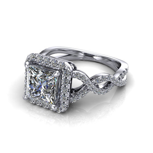 Azalea princess-cut double halo engagement ring in 18K White Gold, three-quarter perspective showing the princess-cut center diamond, double halo, and infinity-twist pavé shank