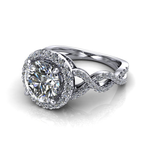 Azalea round double halo engagement ring in 18K White Gold, three-quarter perspective showing the round center diamond, double halo, and infinity-twist pavé shank