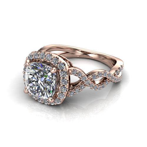 Azalea cushion-cut double halo engagement ring in 14K Rose Gold, three-quarter perspective showing the cushion-cut center diamond, double halo, and infinity-twist pavé shank