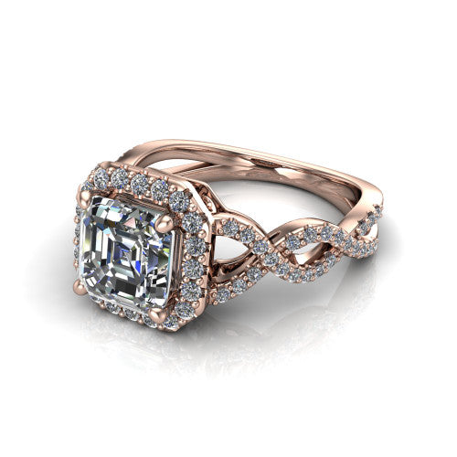 Azalea square emerald-cut double halo engagement ring in 18K Rose Gold, three-quarter perspective showing the square emerald-cut center diamond, double halo, and infinity-twist pavé shank