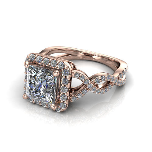 Azalea princess-cut double halo engagement ring in 18K Rose Gold, three-quarter perspective showing the princess-cut center diamond, double halo, and infinity-twist pavé shank