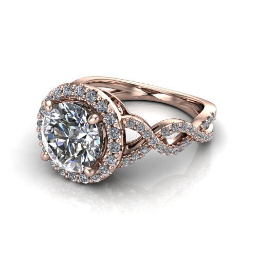 Azalea round double halo engagement ring in 18K Rose Gold, three-quarter perspective showing the round center diamond, double halo, and infinity-twist pavé shank