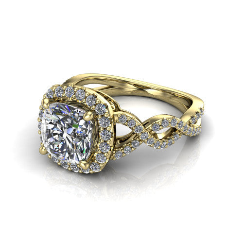 Azalea cushion-cut double halo engagement ring in 18K Yellow Gold, three-quarter perspective showing the cushion-cut center diamond, double halo, and infinity-twist pavé shank
