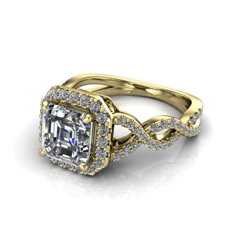 Azalea square emerald-cut double halo engagement ring in 18K Yellow Gold, three-quarter perspective showing the square emerald-cut center diamond, double halo, and infinity-twist pavé shank