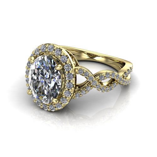 Azalea oval double halo engagement ring in 14K Yellow Gold, three-quarter perspective showing the oval center diamond, double halo, and infinity-twist pavé shank