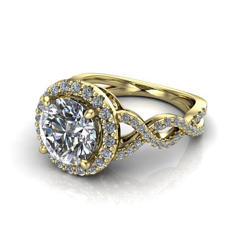 Azalea round double halo engagement ring in 18K Yellow Gold, three-quarter perspective showing the round center diamond, double halo, and infinity-twist pavé shank