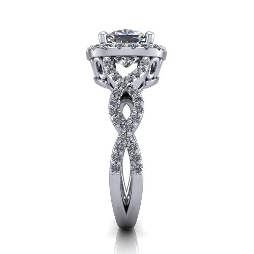 Azalea cushion-cut double halo engagement ring in Platinum, side profile showing the infinity-twist pavé shank and double halo