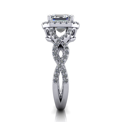 Azalea square emerald-cut double halo engagement ring in 18K White Gold, side profile showing the infinity-twist pavé shank and double halo